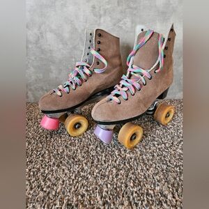 Brown Suede Roller Skates with Rainbow Laces